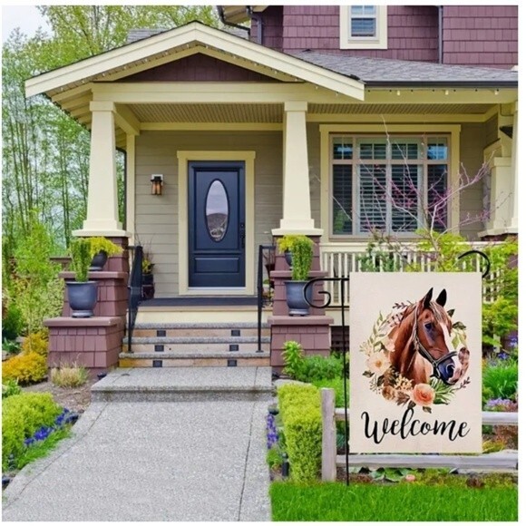 NEW WELCOME HORSE FLORAL DOUBLE SIDED GARDEN FLAG 12" X 18" PORCH HOME DECOR - Picture 3 of 7